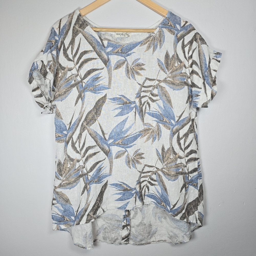 Terzo Millennio Made In Italy Women's Linen Floral Leaves Print Top Bohemian Med